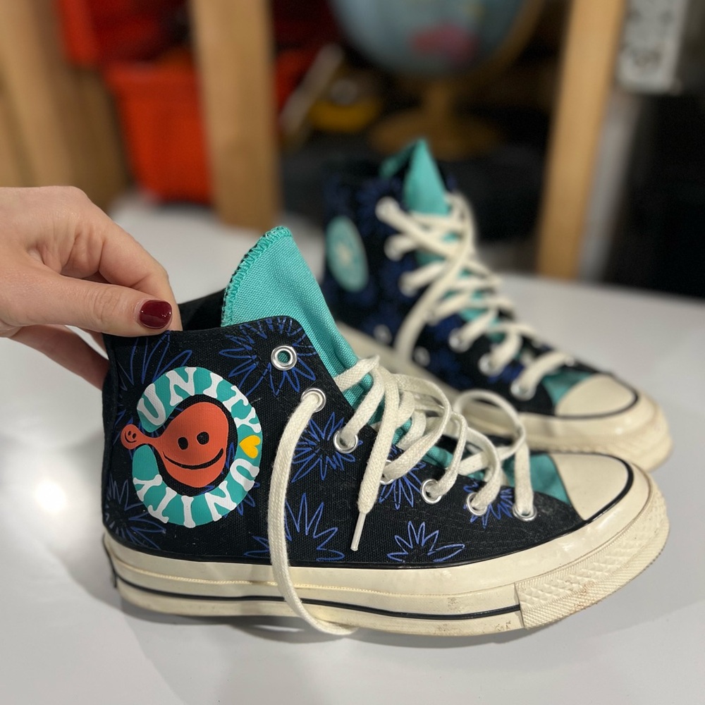 Black and Teal High-Top Sneakers with Smiley Face Converse Limited Edition